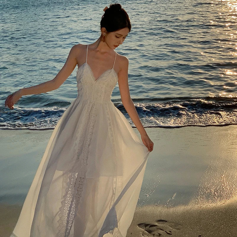 White Lace Spaghetti Straps Backless Summer Vneck Bandage Fairy Long Dress Club Birthday Party Evening Sundress