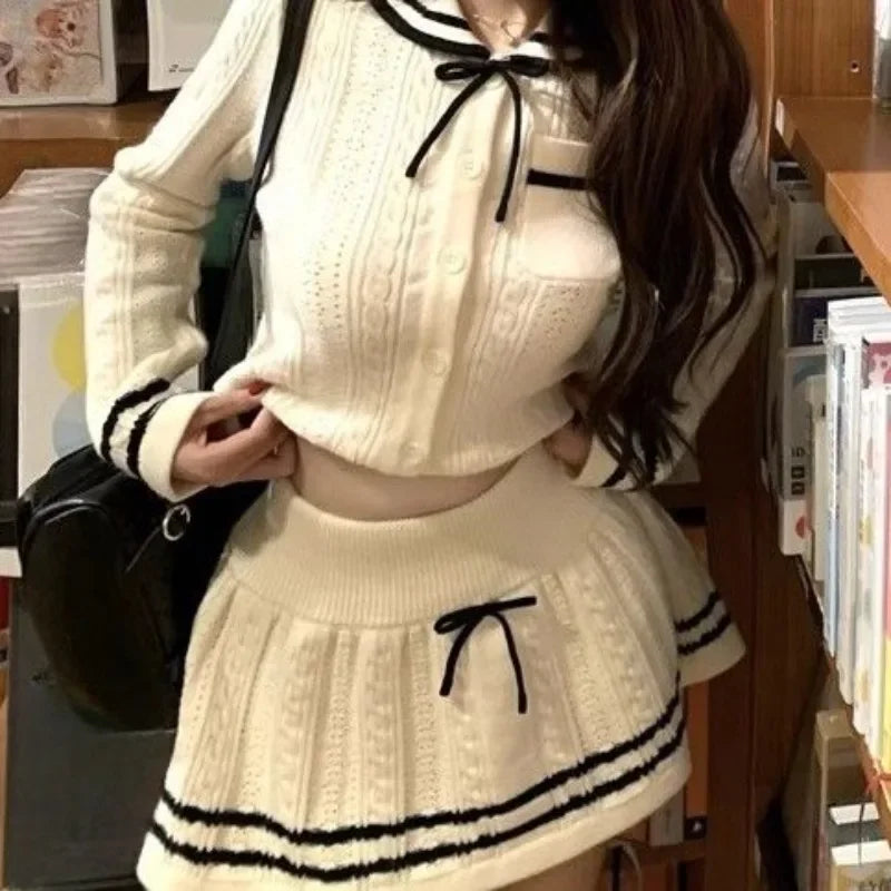 Two Piece Sets Bow Turn Down Collar Patchwork Cropped Cardigan Knitted Sweater Slim Stretch Mini Skirts Sweet Suits