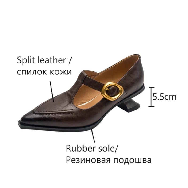 New Autumn/spring Pumps Split Leather Shoes for Pointed Toe Kitten Heel Shoes Soft Retro Buckle Mary Jane Shoe