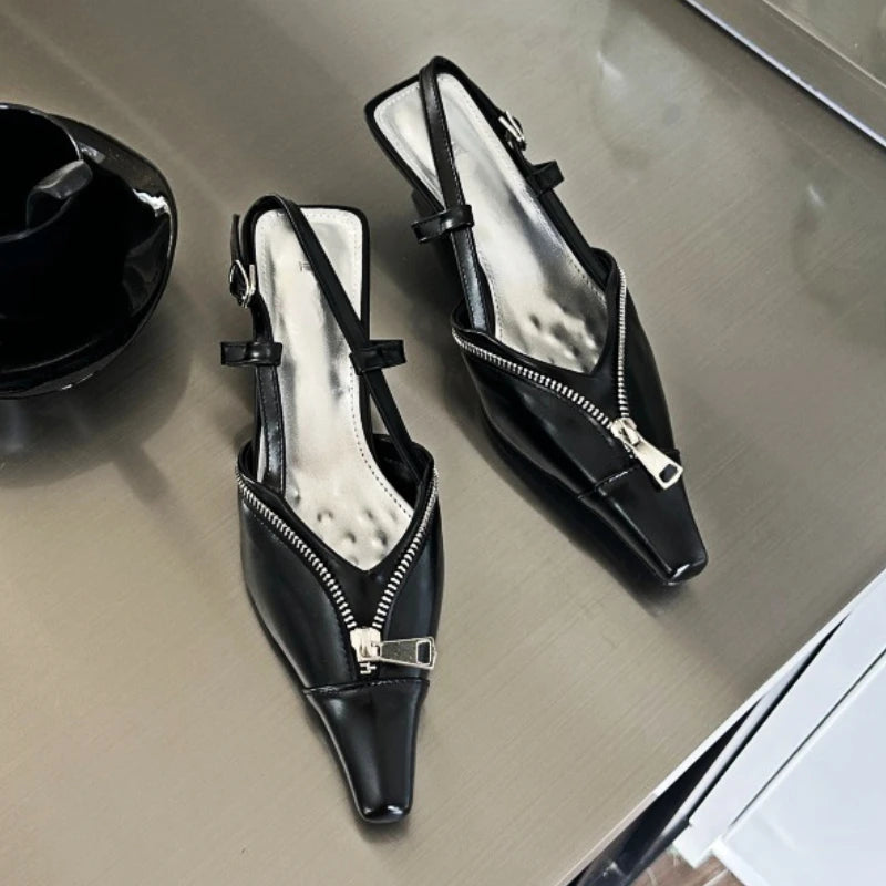 New Designer Pointed Toe Low Heels Mule Shoes Zipper Slingback Sandal Female Party Pumps Fashions High Heels