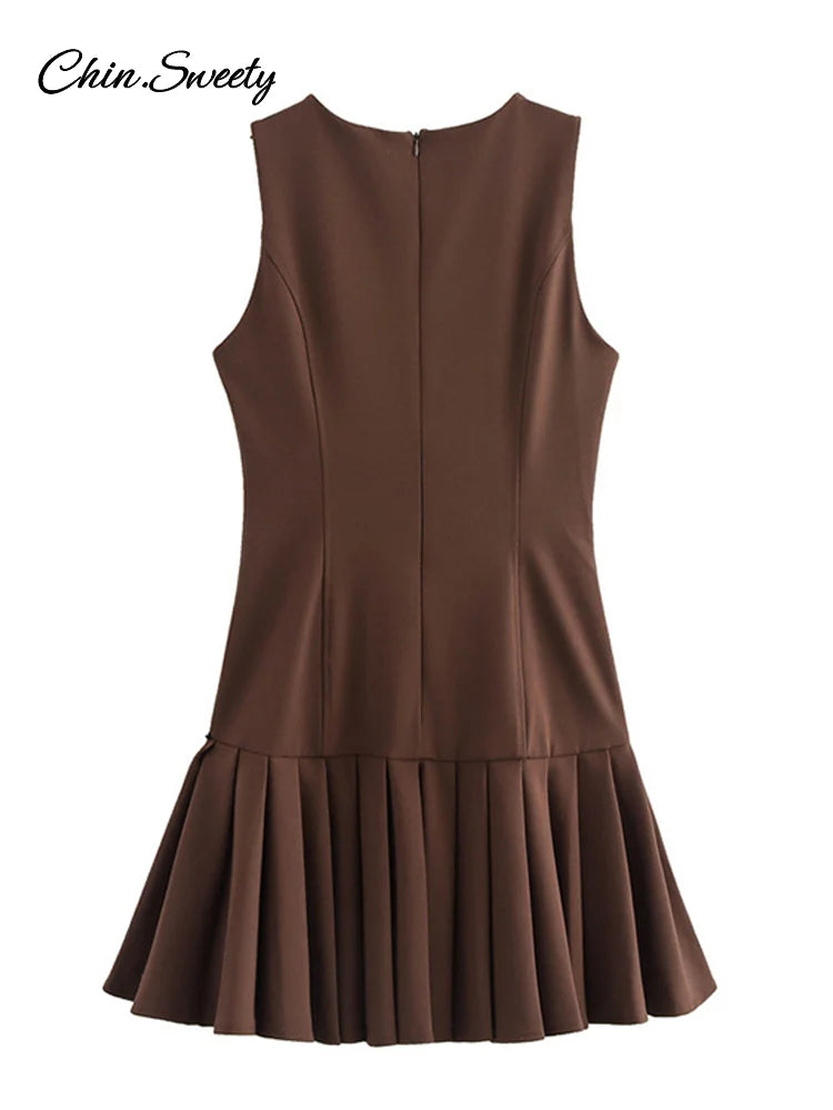 Pleated Mini Dress Brown O-neck Sleeveless a Line High Waist Party Dresses New Zipper Robes