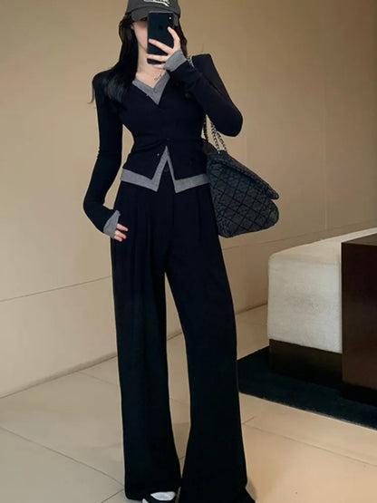 Autumn Two-piece Pants Set Long Sleeves V-neck Single Breasted Top Wide Leg Pants Korean Outfits New