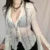 Retro Fairycore Grunge Lace Crop Top Button Up Flare Sleeve Tees Y2k Aesthetic 90s Transparent T-shirt