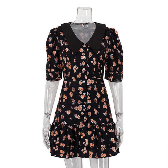Short Sleeve Mini Dress for Robe Turn-down Collar French Dress High Waist Dresses