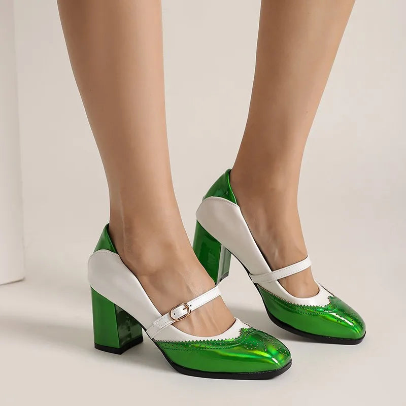 Green Orange Black Patent Leather Fretwork Pumps Sweet Shallow Mary Janes Shoes Female High Heels Footwear Size 48