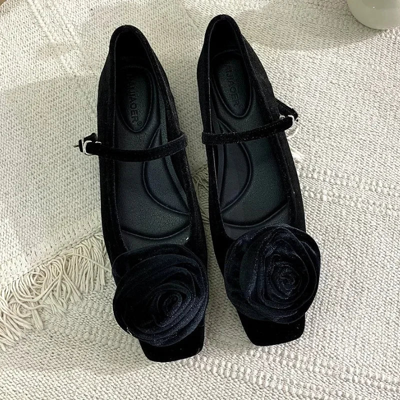 Flock Flowers Flat Shoes for Shallow Dress Shoes Comfort Soft Sole Square Toe Designer Mary Jane Ballet Shoes