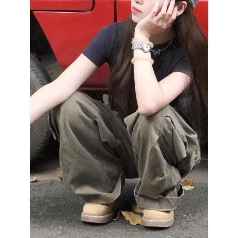 Pleated Pockets Straight Pants Spring New Korean High Waist All Match Loose Cargo Pants