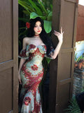 Print Offshoulder Dress Sweet Ruffle Long Midi Dress Style Summer Party Dress Female