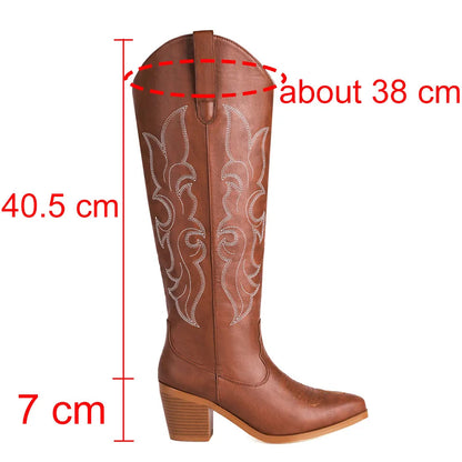 Western Cowboy Knee High Boots Pointed Toe Thick High Heeled Embroider Autumn Winter Red Long Booties Shoes Woman