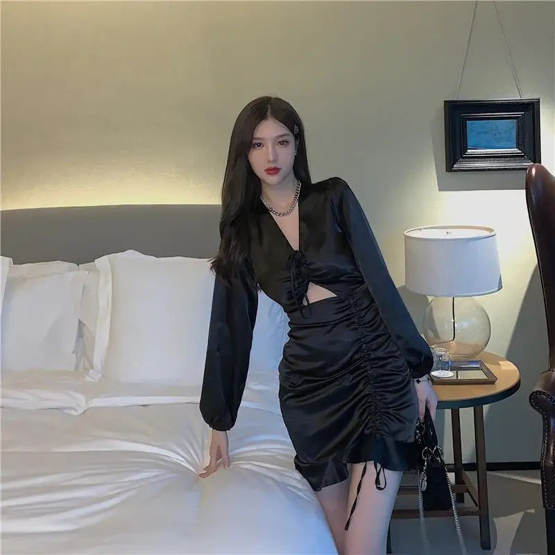 Autumn Vneck Club Mini Dress Hollow Out Irregular Ruffles Design Dress Prom Evening Party Dress