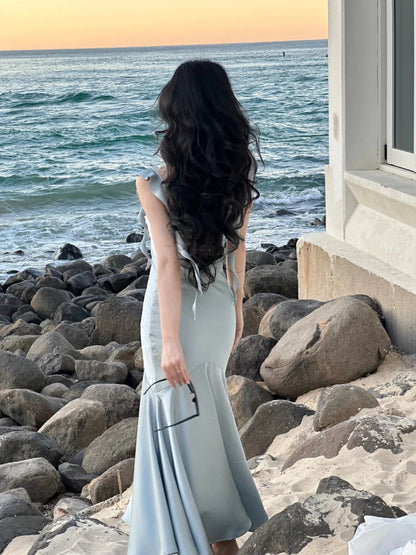 Summer Satin Strap Midi Dress Even Party Dress Pure Color One Piece Dress Korean