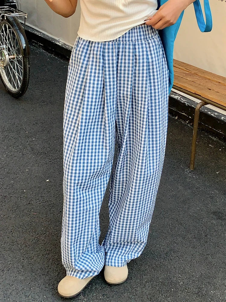 Plaid Wide Leg Pants Pockets Sping Summer High Waist Straight Loose Trousers Female
