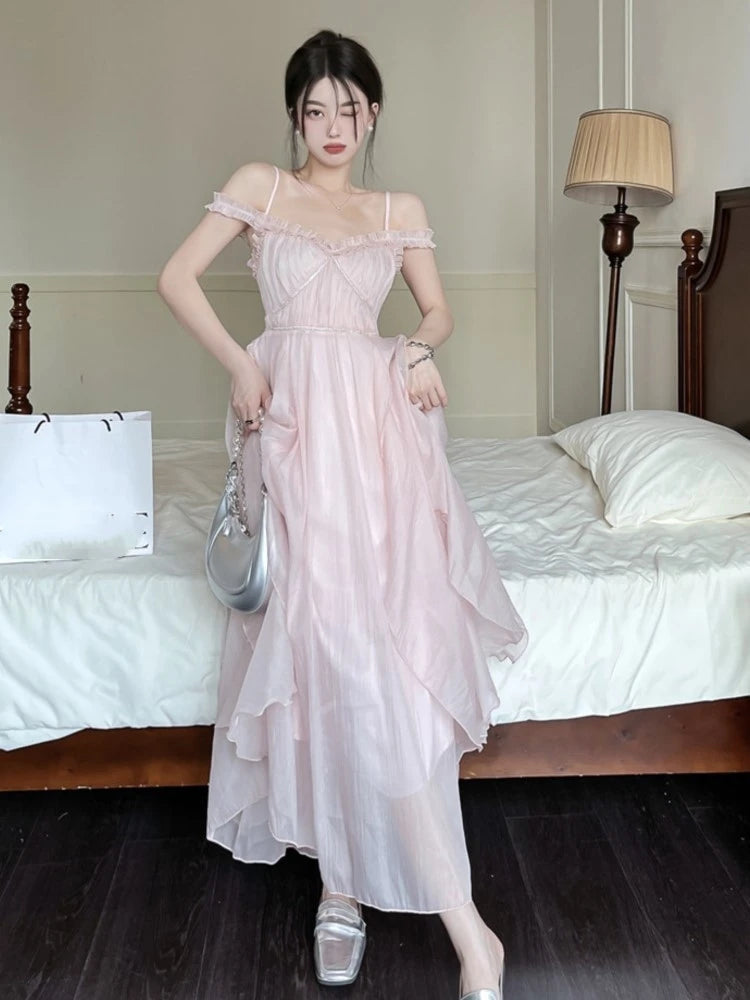 Summer Sweet Pink Fairy Chiffon Midi Dress Korean Onepiece Aline Vestidos Female Clothing Mujers