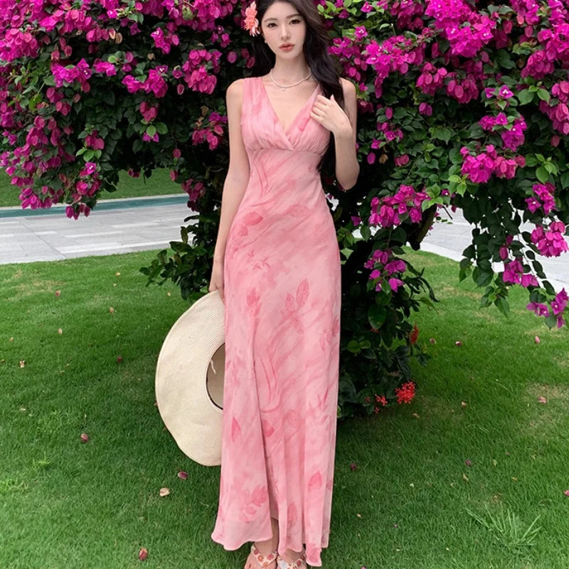 Print Long Dresses Vneck Sleeveless Bodycon Evening Party Dress New Slim Waist Vestidos Mujer New Robe