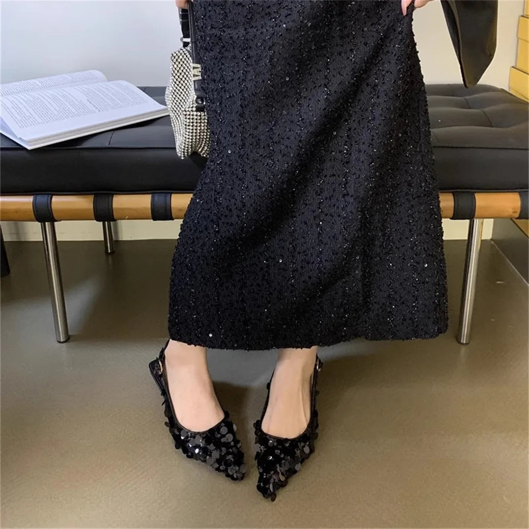 Low Sandals Woman Leather Shoes Closed Toe Bling Bling Suit Female Beige Summer Heels Lowheeled Silver Retro Bright Black
