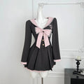 College Style Navy Collar Long Sleeve Pleated Dress Spring/autumn New Sweet Bow Waist Cinched Slim Aline Mini Dress for