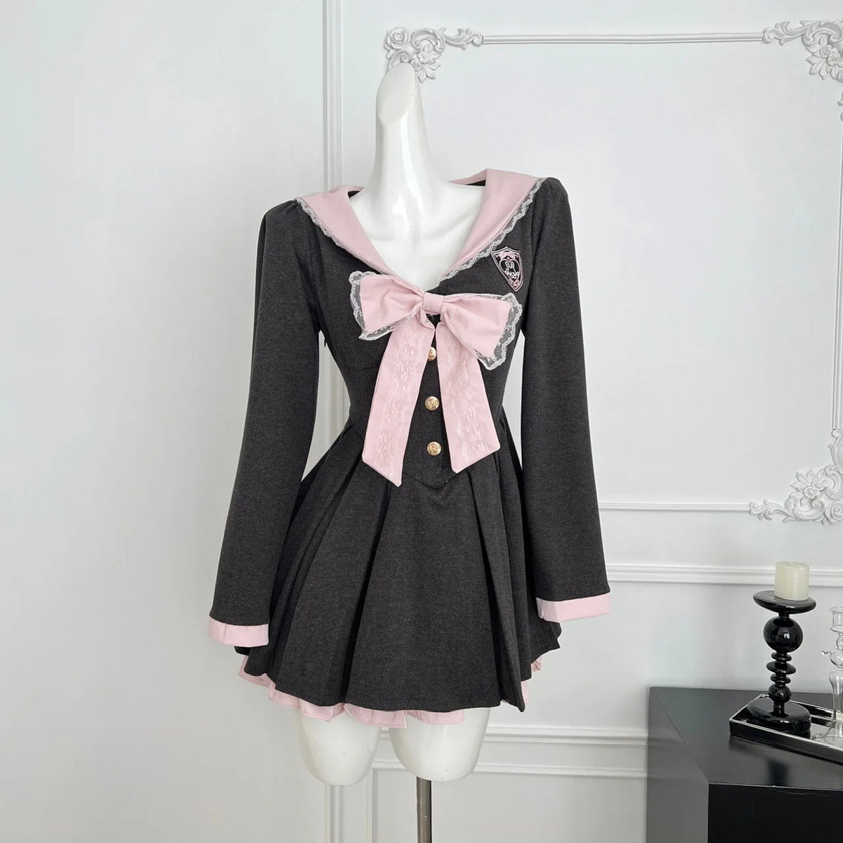College Style Navy Collar Long Sleeve Pleated Dress Spring/autumn New Sweet Bow Waist Cinched Slim Aline Mini Dress for
