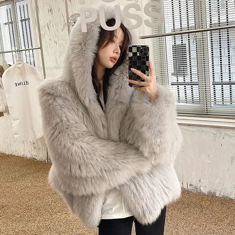 Winter Faux Fur Coat Hooded Loose Long Sleeve Outerwear High Street Fur Jacket Female Overcoats New
