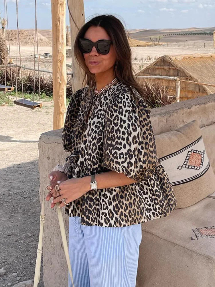 Summer Loose Puff Short Sleeves Tops for Woman Leopard Printed Lace Up Round Neck Tshirt Female Blouse Top