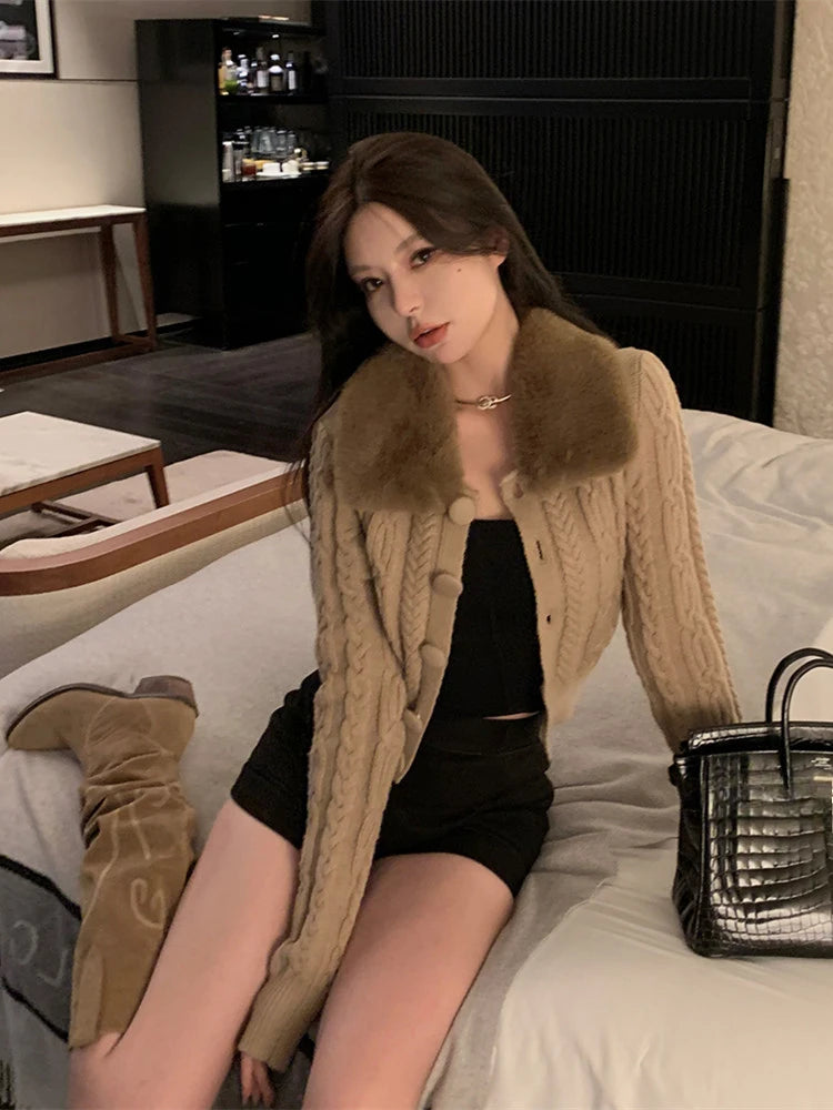 Lazy Lapel Neck Fur Sweaters Mujer Autumn New White Cardigan Coat Y2k Long Sleve Zipper Knitted Tops