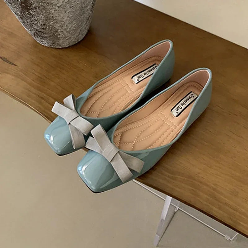 New Mary Jane Shoes Square Toe Flats Shallow Dress Shoe Butterfly Knot Patent Leather Soft Soled Ballet Shoes
