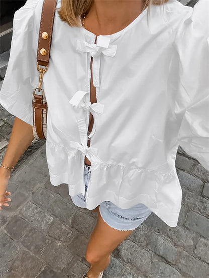 Hollow Out Short Sleeve T-shirt Shirts ’s Summer Patchwork Lace-up Loose Female Y2k Top Shirts