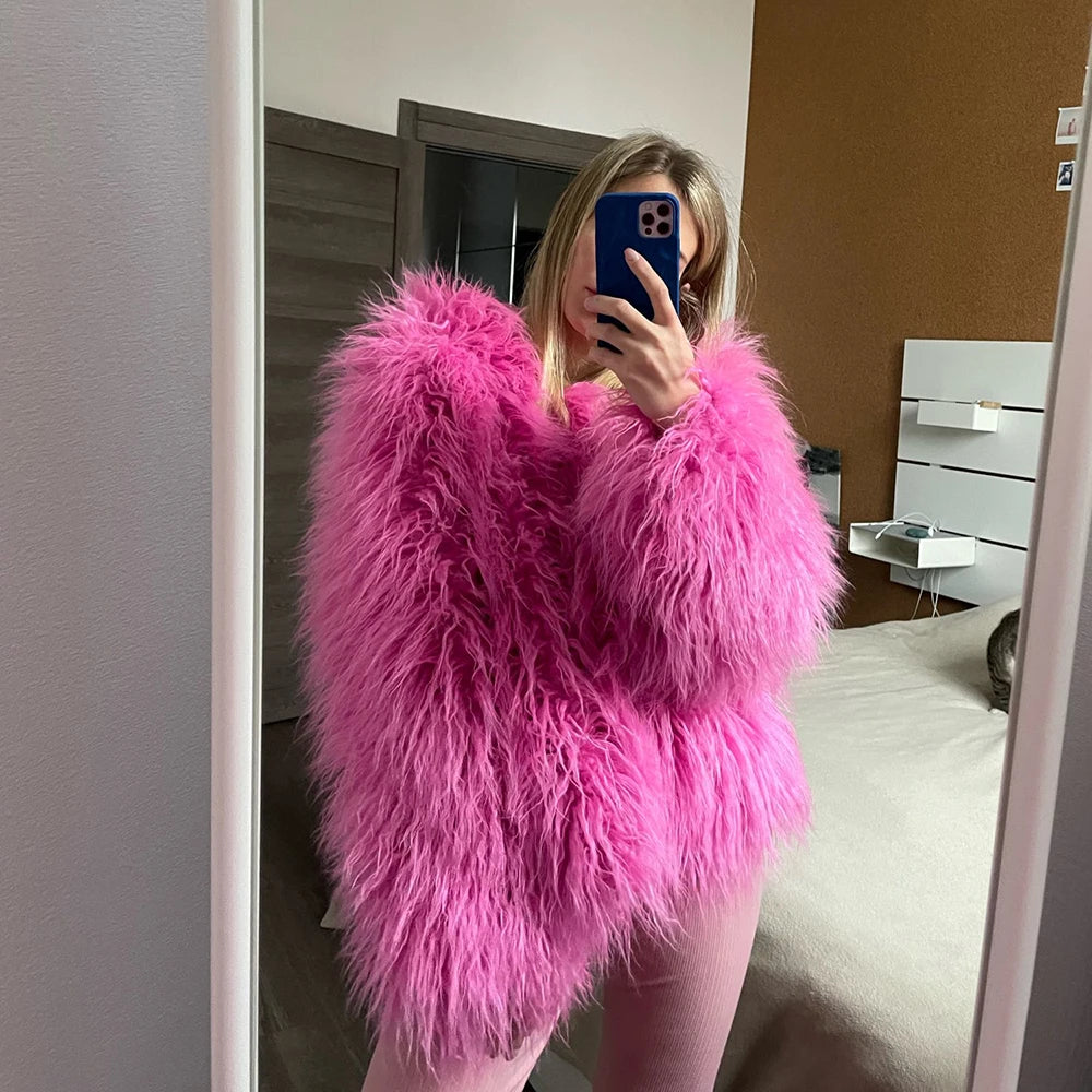 Candy Colorful Fuzzy Faux Fur Coat Winter Shaggy Oversized Fluffy Sheep Fur Jacket Festival Fur Coats