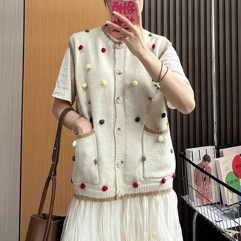 Autumn New Sweater Vest Chaleco Mujer Japanese Loose Cardigan Waistcoat Sweet Wave Point Knitwear Top