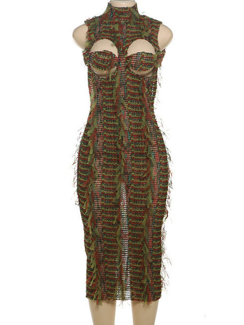 Sleeveless Hollow Out Bodycon Long Dress for New High Neck Street High Waist Slim Vestidos