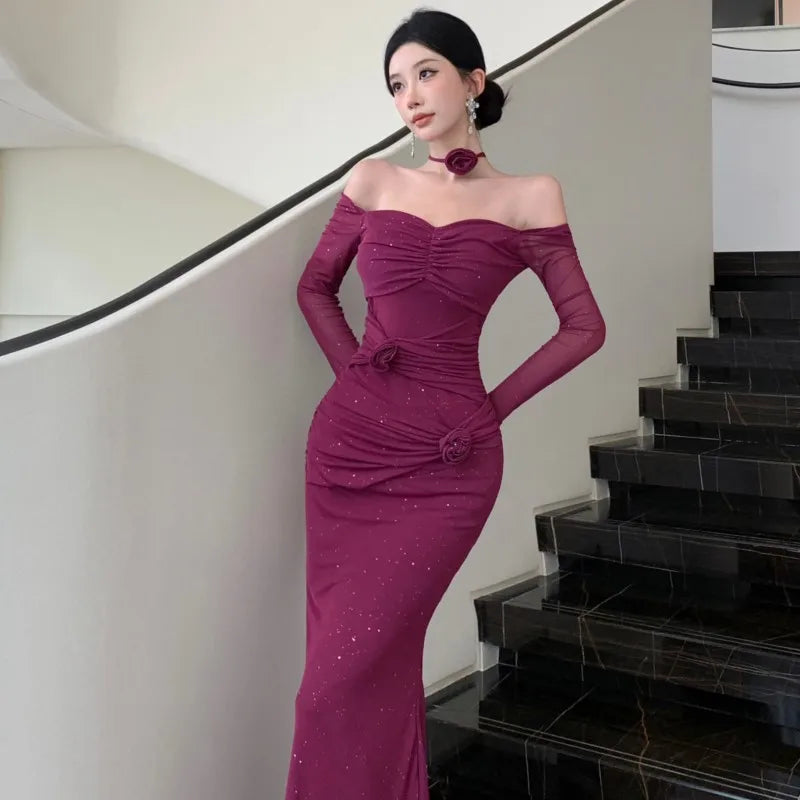 Mesh Bodycon Maxi Dresses for Flare Sleeve Square Collar Slim Mermaid Evening Party Dress Prom Robe Vestidos New