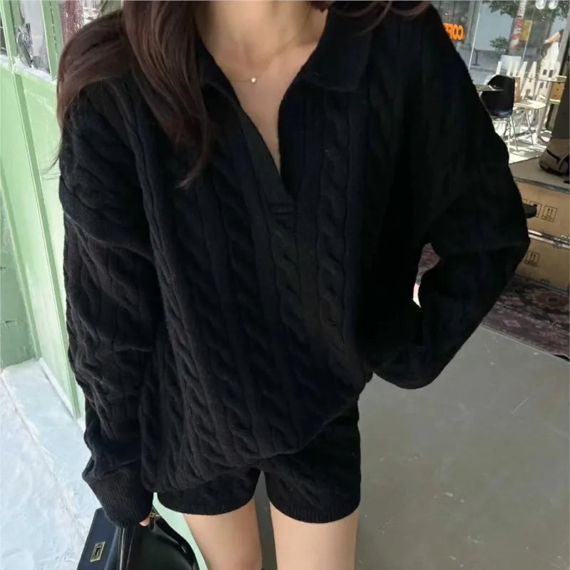 Korean Two-piece Set V-neck Loose Pullover Sweater Top Shorts Outfits Autumn New Suit Female Clothing