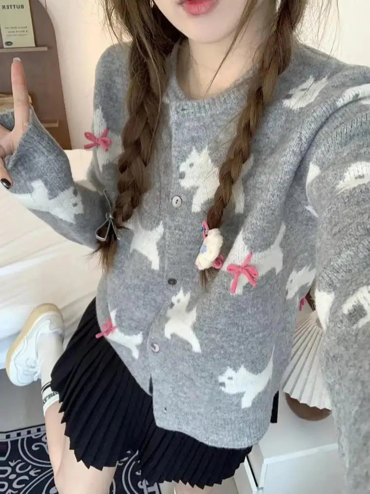 Korean Sweet Blue Gray Print Bow Button Sweater Round Neck Cardigans Long Sleeve Knitwear Tops Autumn Winter Clothing
