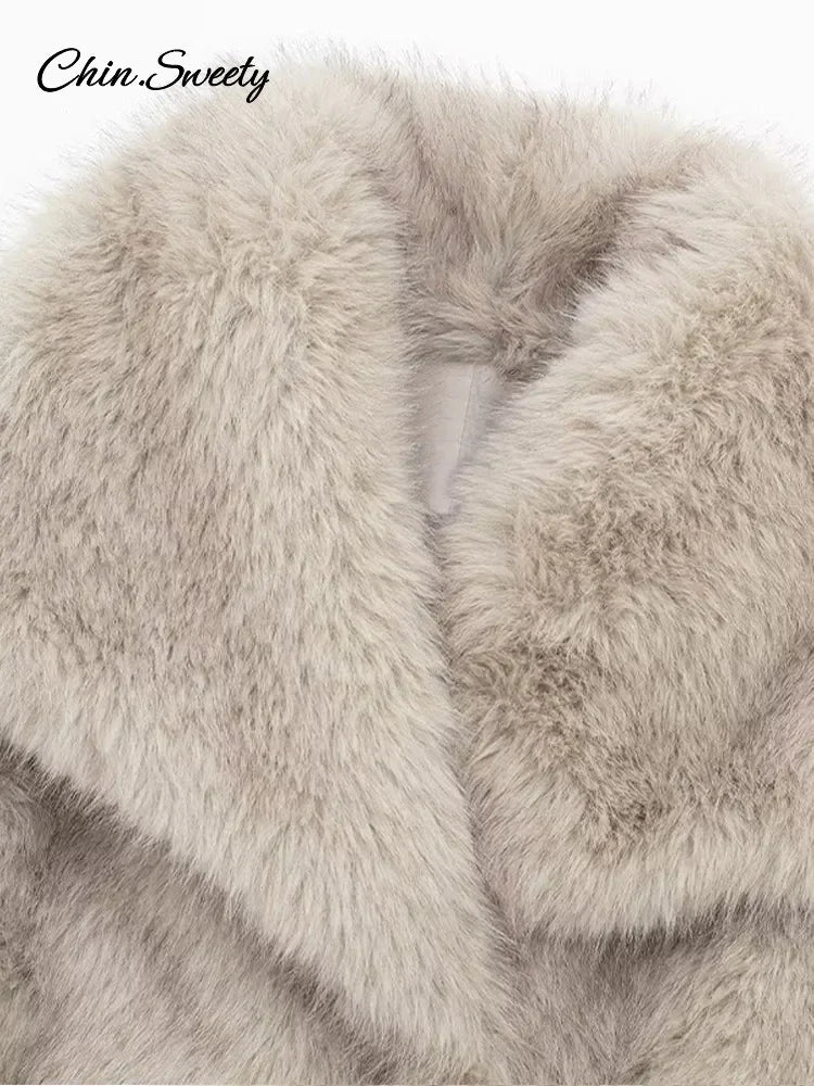 Winter Gradient Faux Fur Coat Big Fur Collar Pockets Loose Jacket Female Lady High Street Overcoats