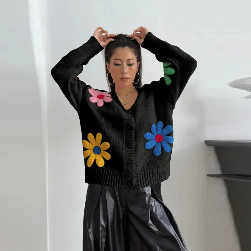 Autumn Knitted Sweater Sweet Flower Loose Long Sleeve O-neck Female Pullovers New Loose Tops