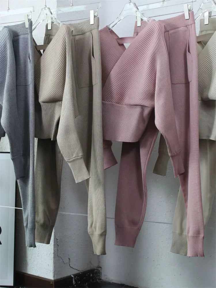 Knit Vneck Pullover 2 Pieceset for Patchwork Sweater and High Waist Drawstring Pants Sets Outfits