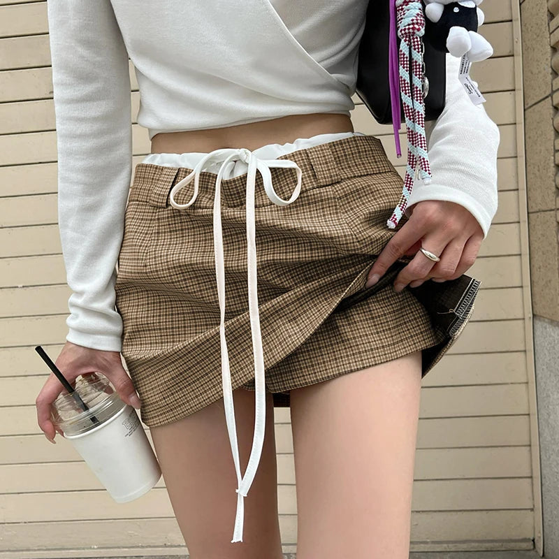 Plaid Mini Shorts Skirt Contrast Color Drawstring High Waist Skirts With Shorts Korean College Style Bottoms
