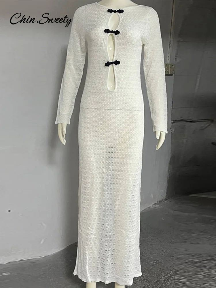 Hollow Out Knitted Maxi Dress Long Sleeve O-neck White Black Holiday Dresses Female Summer Lady Slim Fit Robes