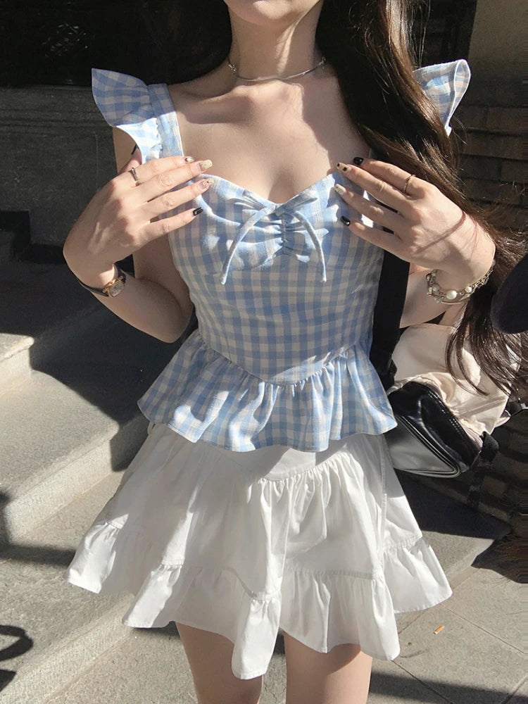 Summer Sweet Plaid Y2k Mini Dress Bow Sleeveless Japanese Kawaii Dresses Beach Party
