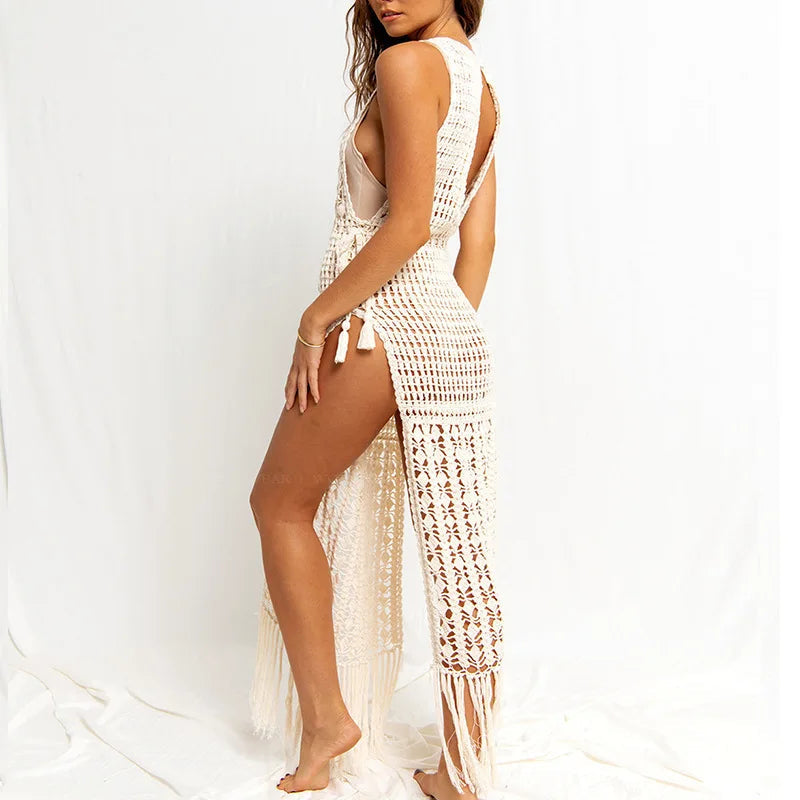 Crochet Knitted Maxi Dress Beach Cover Up Dresses Summer High Cut Tassel Dress Swimsuit Beachwear Outfits