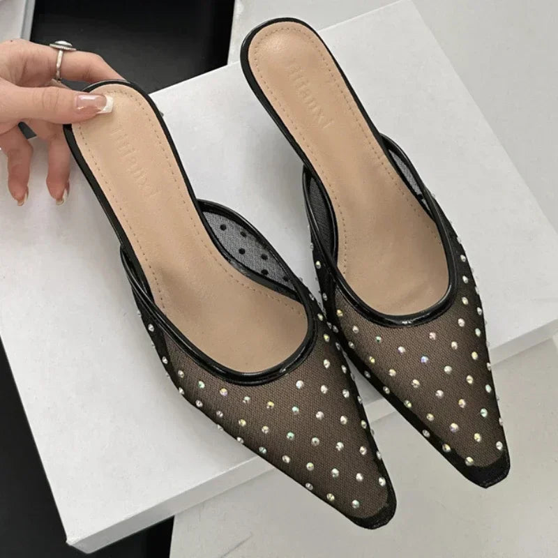 Summer Mesh Rhinestone High Heels Breathable Pointy Toe Shallow Mouth Dress Shoes Slippers Female
