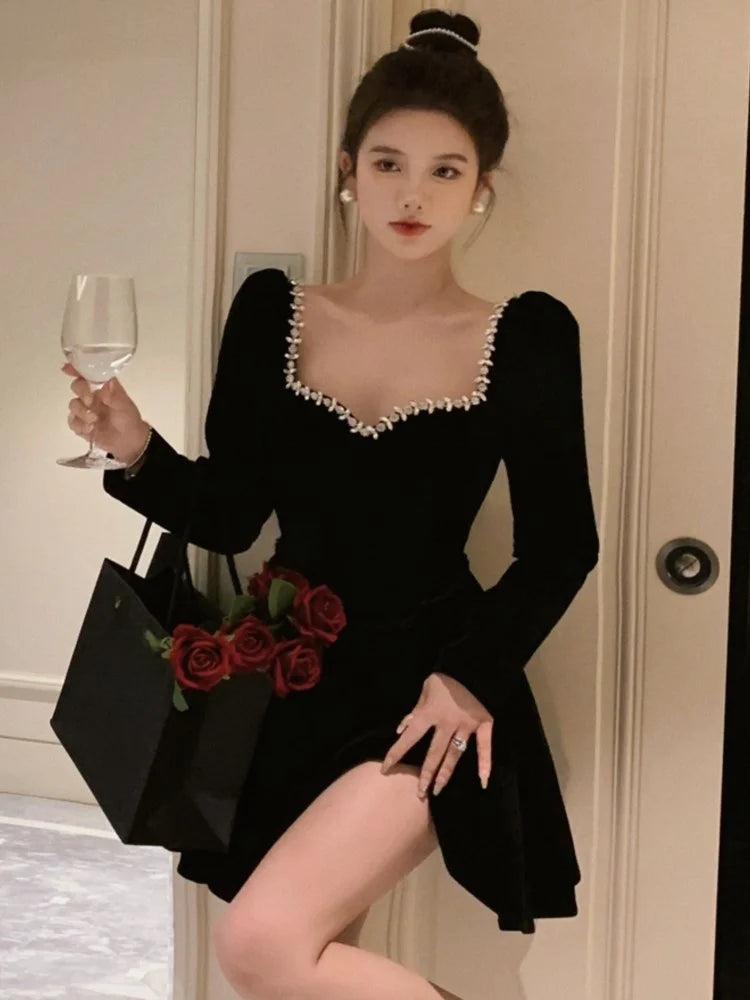French Velvet Evening Robe for Autumn Diamonds Long Sleeve High Waist Mini Dresses Birthday Party Prom Clothing