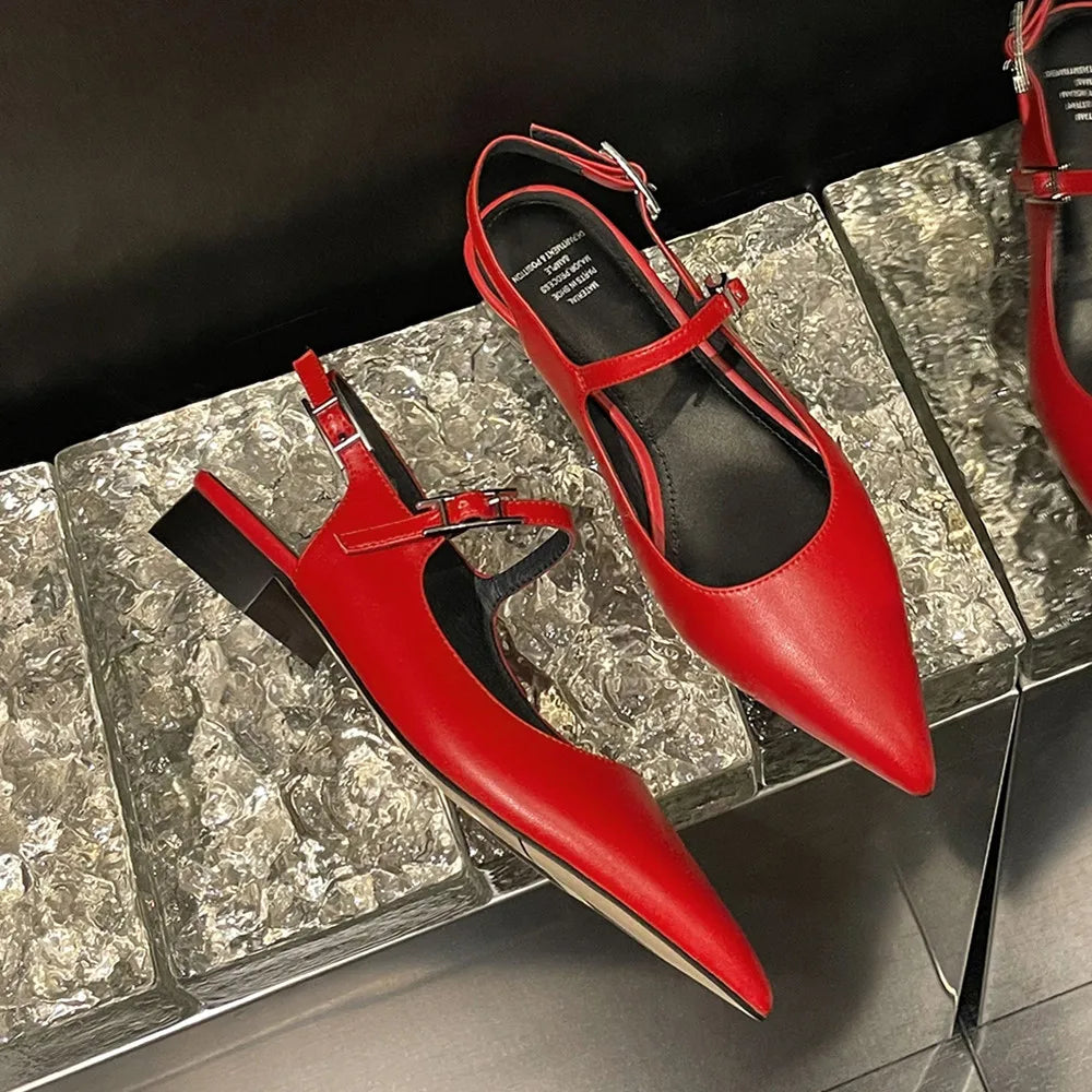 Genuine Leather Pointed Toe Slingback Slipon Flats Sandals Soft Comfortable Female Summer Daily Footwear Shoes