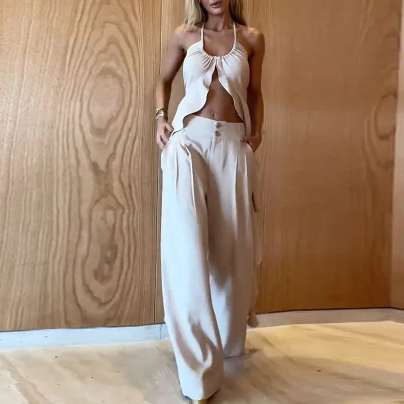 High Street Outfits New Hollow Design Backless Slim Suits Halter Ruffled Top With Long Pants 2 Piece Sets