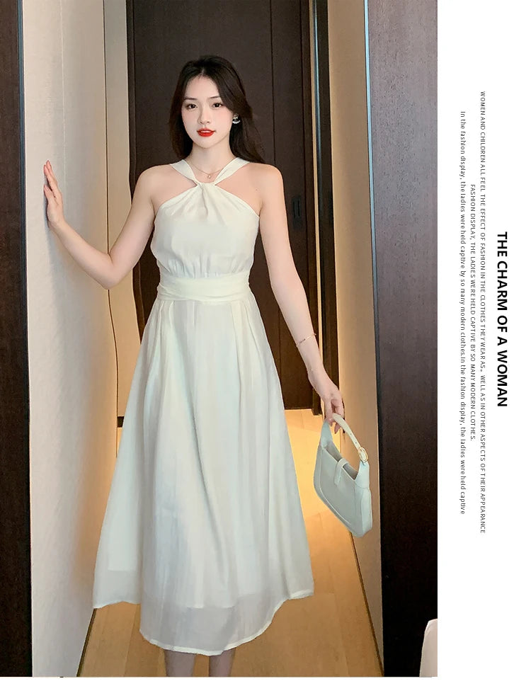 Beige Chiffon Dress Female Summer Slim Slim Thin Temperament French Senior Sense of Beach Hanging Neck Long Dress