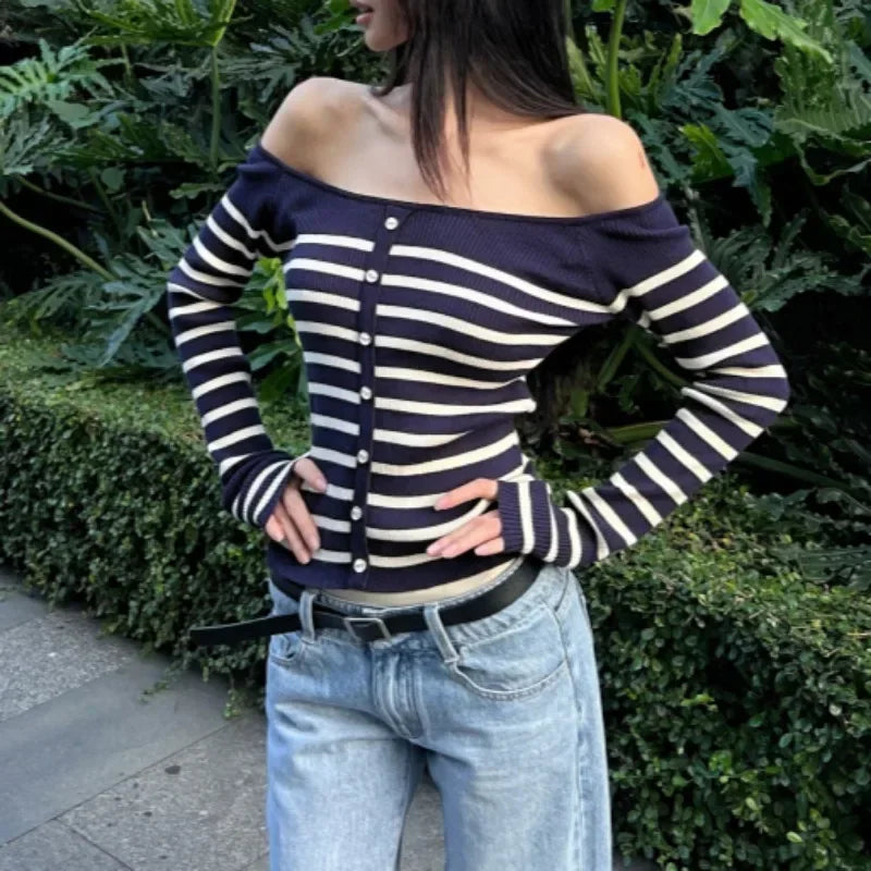 Korean Retro Contrast Color Striped Long Sleeve Sweater Autumn New Offshoulder Buttons Knitted Crop Tops