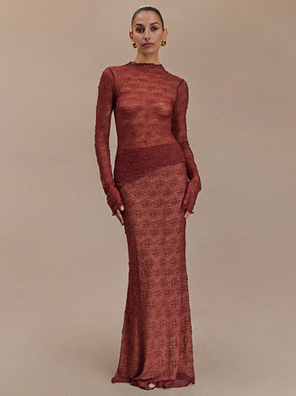 Lace Long Sleeved Round Neck Top Skirt Two-piece Set for Autumn Winter New Transparent T-shirt Set