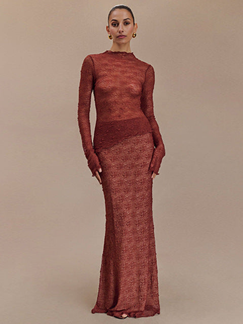 Lace Long Sleeved Round Neck Top Skirt Two-piece Set for Autumn Winter New Transparent T-shirt Set