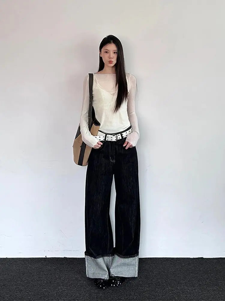 Balck Jeans for Harajuku Baggy Kpop Do Old Wide Leg Straight Denim Pants Y2k Causal Mujer Trousers
