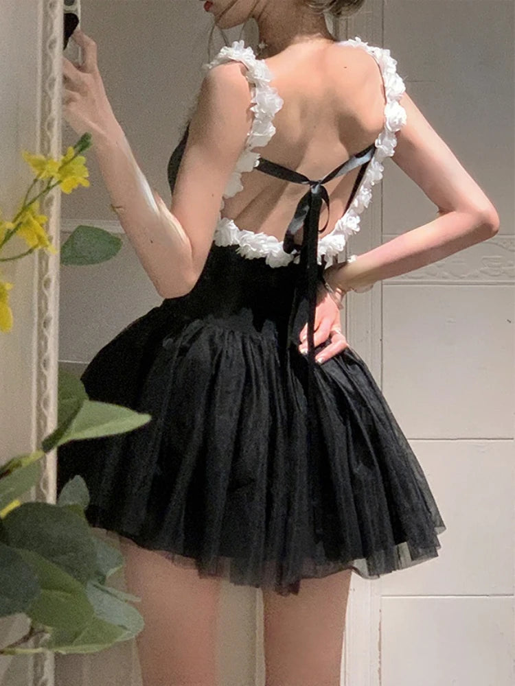 Summer Bandage Sweet Dress Backless Kawaii Y2k Mini Dress Female Causal Korean Strap Party Dress