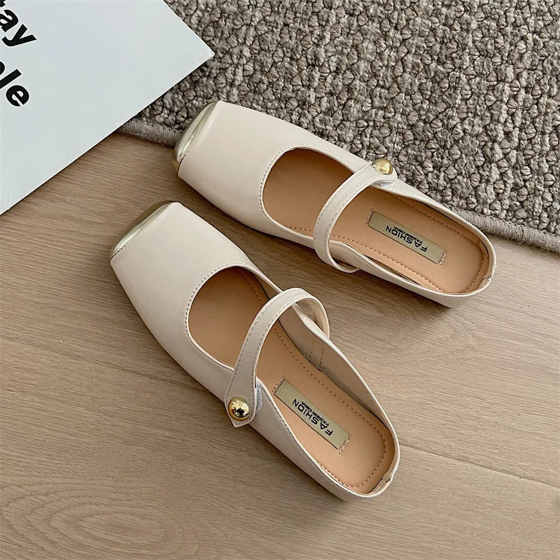 New Leather Low Heel Slipon Muller Shoes Soft Sole Shoes Outdoor Walking Woman Single Shoes